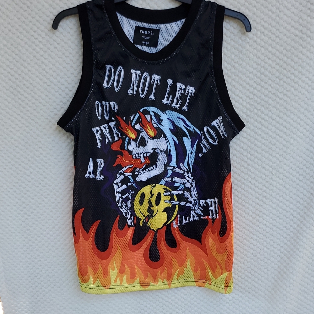 Rue21 Black Tank with Red, Orange and Yellow Flame Skull Graphic